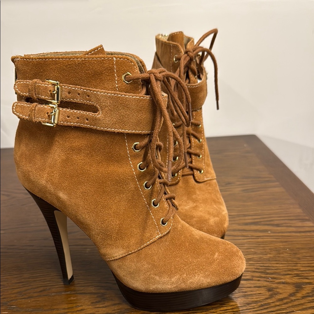 Michael Kors Suede/ Leather Lace-Up Ankle Boots - Tan